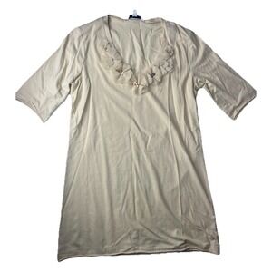 CAbi‎ Beige V-Neck Embellished Floral Short Sleeve Blouse Shirt Women Size XS